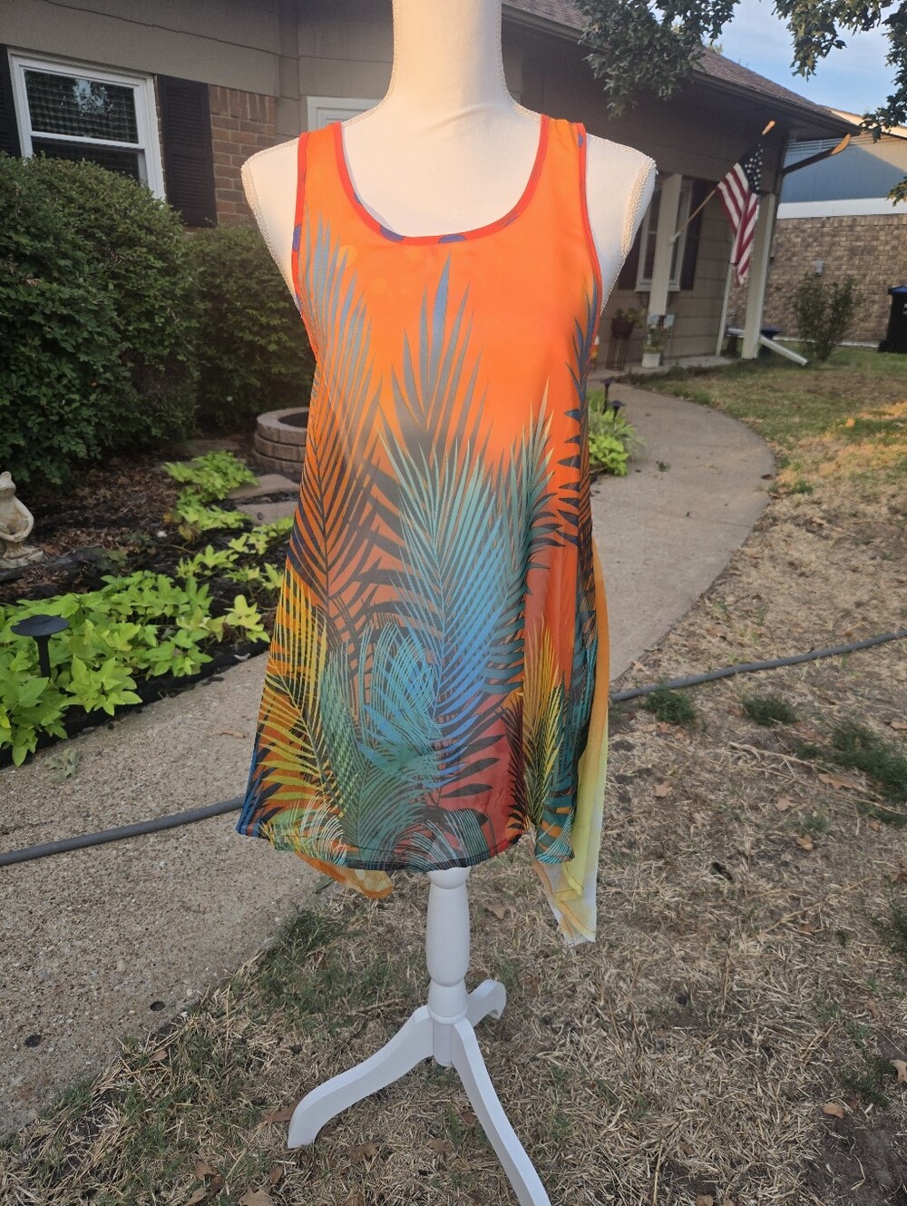 Lulumari Orange Tropical Leaf Tank Dress